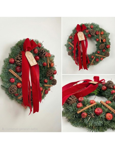 Ghirlanda Natale Artigianale con Mele Rosse, Pigne e Fiocco in Velluto Rosso (Red Classic)